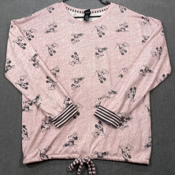 Disney Pink Mickey Mouse Print Long Sleeve Pullover Sweatshirt Hem Tie Womens L - Picture 1 of 10